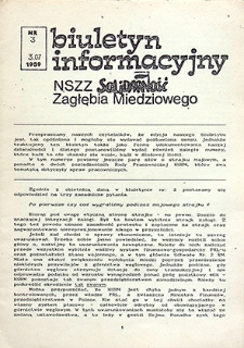Biuletyn Informacyjny NSZZ &bdquo;Solidarność&rdquo; Zagłębia Miedziowego : nr 3, lipiec `89