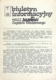 Biuletyn Informacyjny NSZZ „Solidarność” Zagłębia Miedziowego : nr 3, lipiec `89