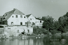 Ulica Dąbrowskiego : zabudowania mieszkalno-gospodarcze nad brzegiem stawu