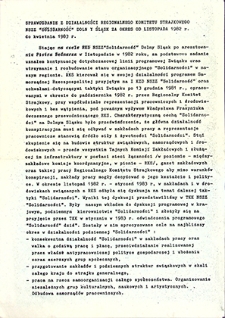 Sprawozdanie z działalności Regionalnego Komitetu Strajkowego NSZZ „Solidarność” Dolny Śląsk za okres od listopada 1982 r. do kwietnia 1983 r. : luty `90
